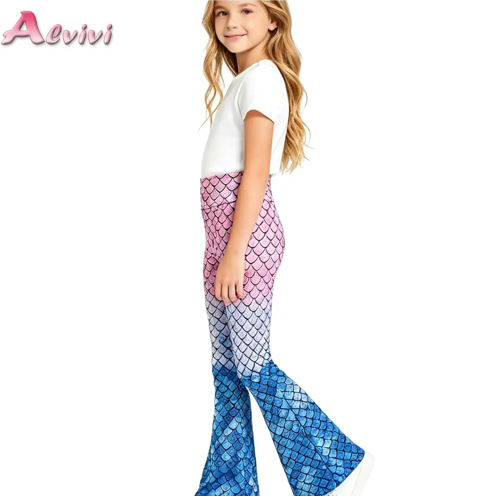 

Kids Girls Stylish Fish Scale Printed Bell Bottoms High Waist Flared Long Pants Elastic Waistband Bell Legging Dance Trousers