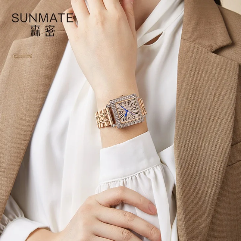 2025 Hot Selling Brand SUNMATE Stainless Steel Strap Watch Women Luxury Gift Quartz Watch Student Fashion Diamond Square Watch