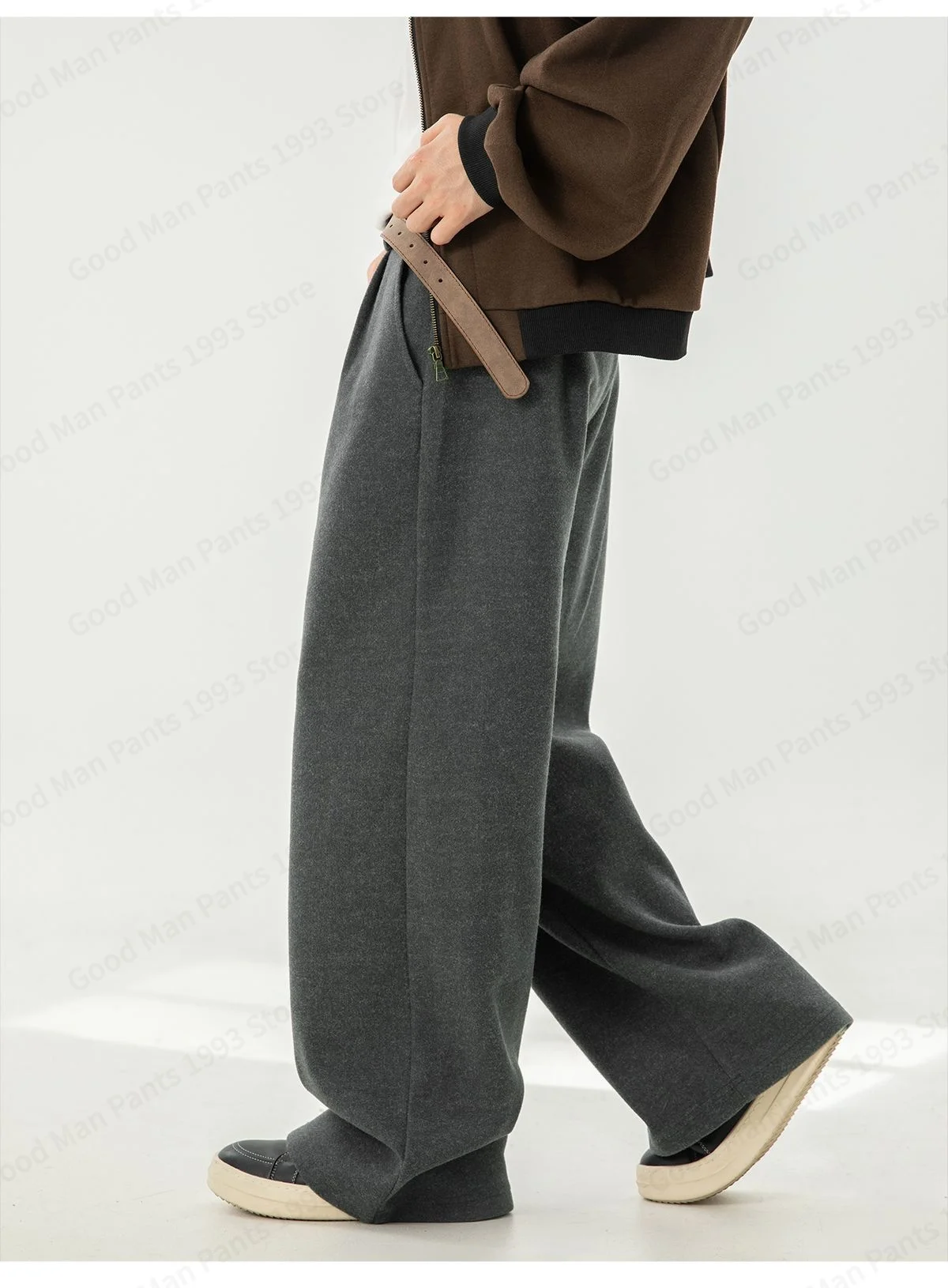 Herbst- und Winter-Herrenhose aus schwerer, strukturierter Wolle mit geradem Bein, locker gefaltet, Y2K Koreanische Baggy Casual Hose – Detail 8