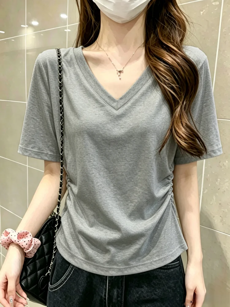 Summer New Women's Loose Fit Short Sleeve T-Shirt V-Neck 95 Cotton plus Size Slimming Pure Color Shoulder Appropriate Top