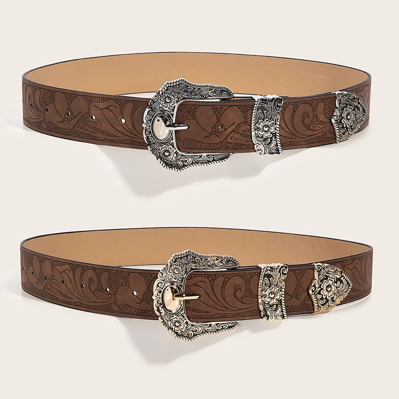 Western Brown PU Leather Vintage Belt Female Cowgirl Waist Belt with Metal Caved Buckle 3set Designer Belts For Women Jeans