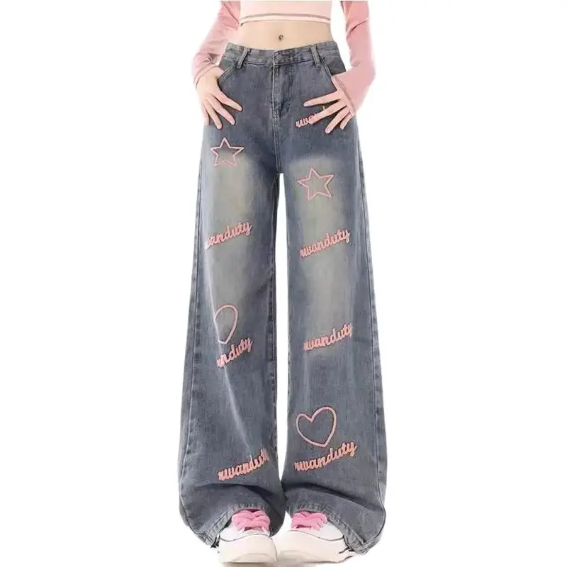 

Jeans Letters Love High Waist American Blue Vintage Style Pants Spring Women'S Baggy Y2K Wide Leg Denim Trouser Female Jeans