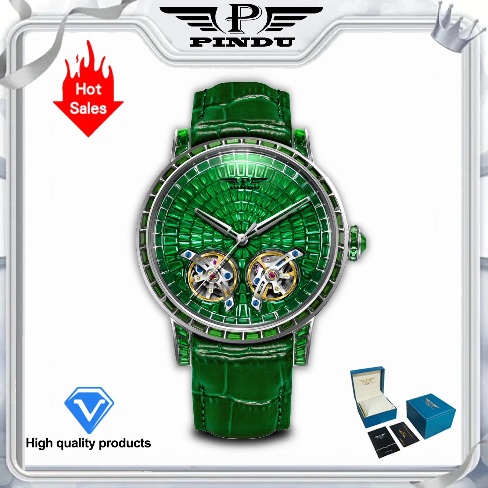 2026 PINDU Design New Double Flying Wheel Mechanical Watch Men Top Luxury Watch Sapphire Glass Waterproof Diamond Watch Leather image 3