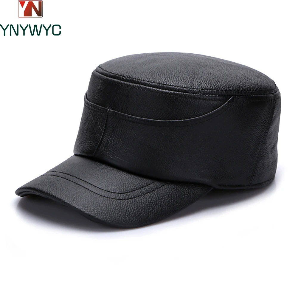 

New Male 100% Genuine Real Cowhide Leather Military Caps Real Cow Leather Flat Cap Earflap Cap Men Real Leather Hats Fall Winter