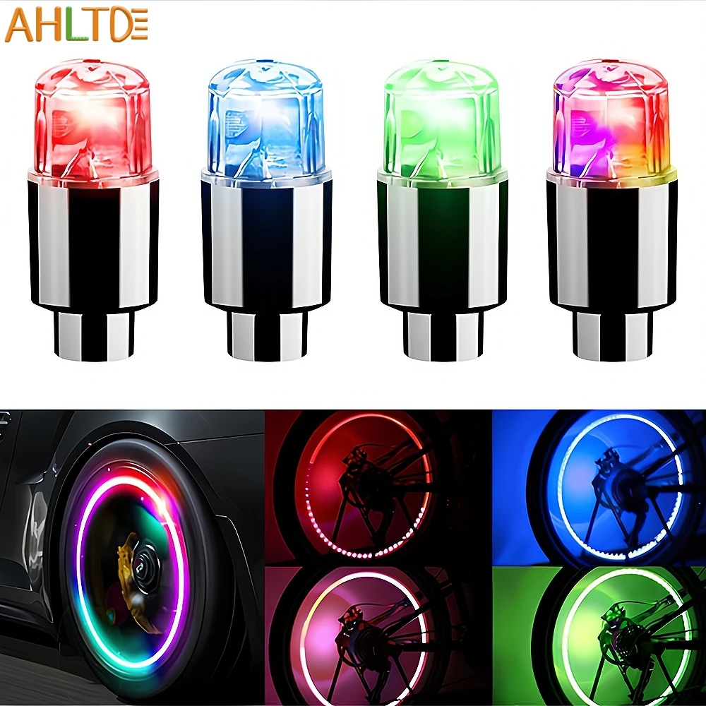 4pcs Led Bulb Vehicles Hub Tire Cap Lamps Colorful Valve Nozzle Decoration Light Car Bicycle Motorcycl Night Rotate Fire Flash