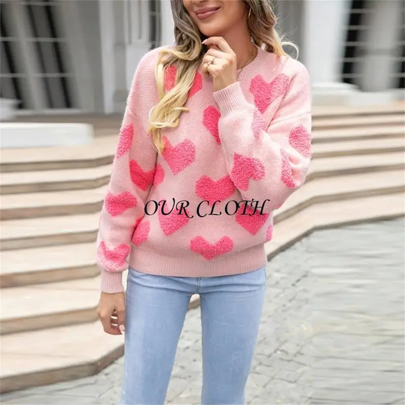 

Женский свитер с длинным рукавом и узором в форме сердца, вязаный повседневный свободный розовый джемпер, топы Y1AC