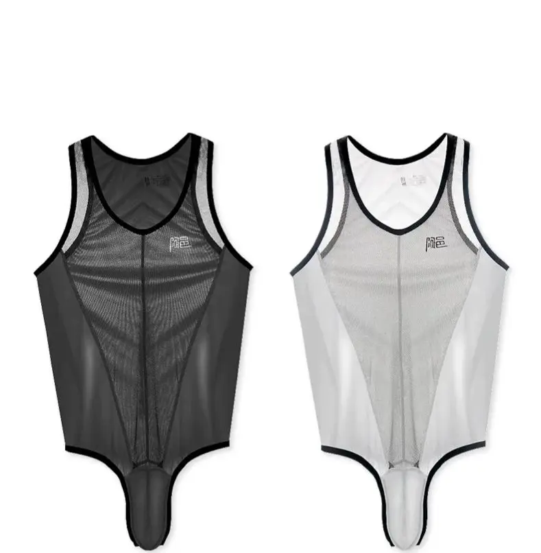 Bodysuit Hot jumpsuit ultra-thin transparent tight boxer shorts ice silk men's I-shaped vest chest shapewear A707