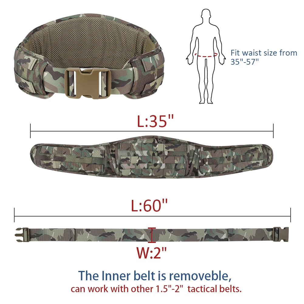 KRYDEX Tactical Belt Quick Release Battle Men Belt Molle Soft Wide Padded Waist Outer Shooting Gun Combat Belt With Inner Belt