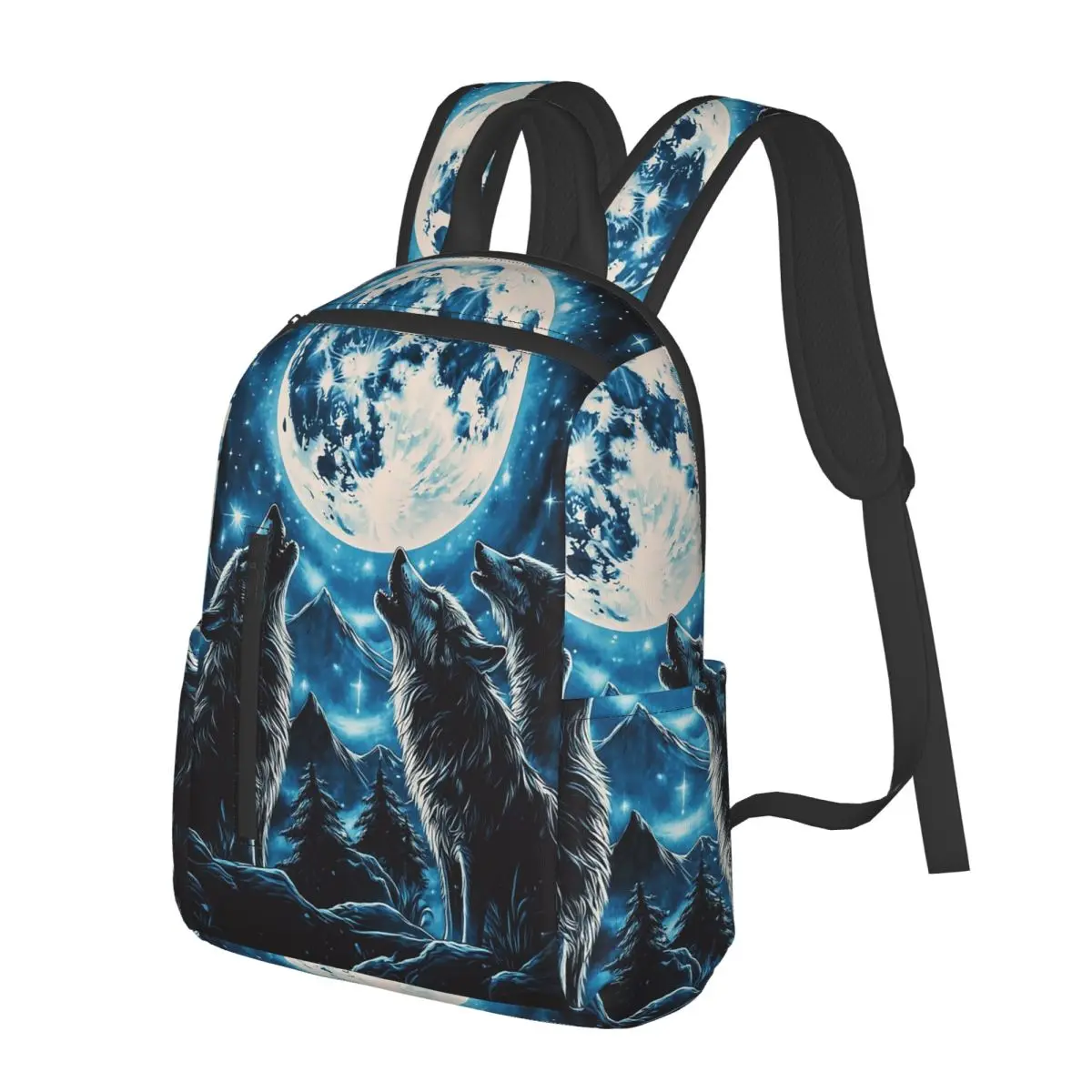 Blue Moon And Wolves Design Student Backpack School Bag Hiking Travel Daypack for Men Women Bookbag Shoulder Bags