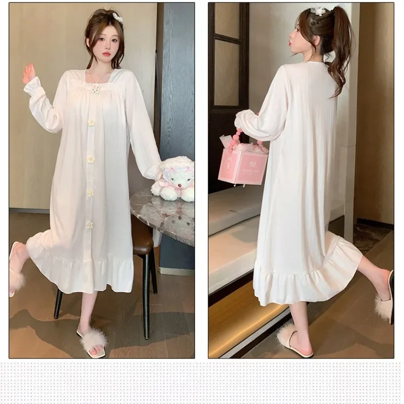 5XL Plus Size Loose Home Dress with Chest Pads Women Spring and Autumn Long Sleeves Nightgown Sweet Cotton Pajamas Loungewear