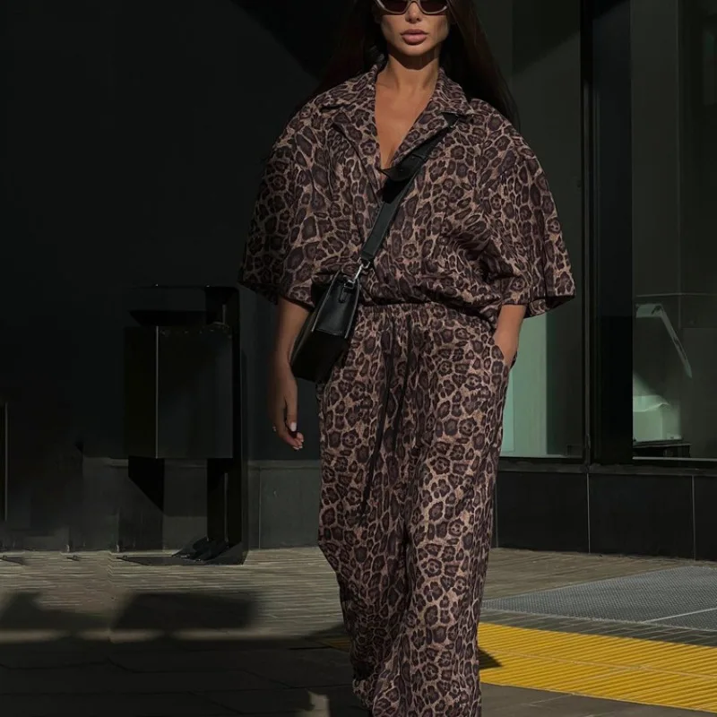 Women Leopard Print 2 Piece Outfit, Half Sleeve Button Down Shirt & Elastic Waist Wide Leg Pants Set, Casual Loose Matching Suit