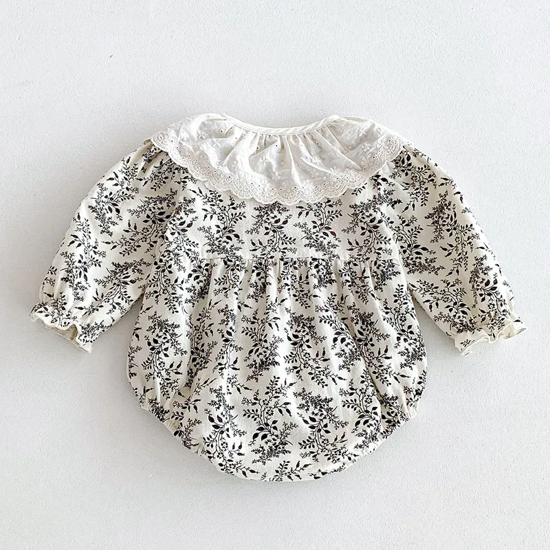 2024 New Autumn 0-24M Children Clothes Newborn Baby Girls Bodysuits Long Sleeved Cotton Flower Print Infant Baby Girls Jumpsuit