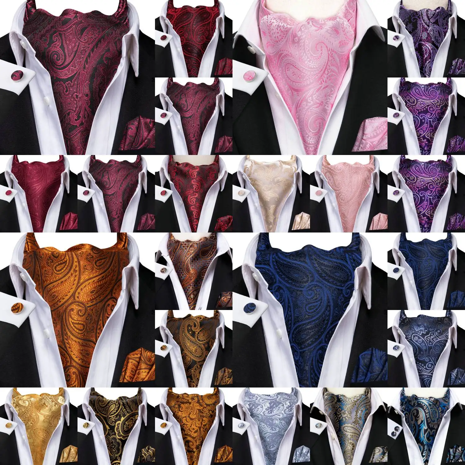 

Мужской модный роскошный комплект галстука Ascots с узором пейсли, запонками и носовыми платками для повседневного повседневного отдыха