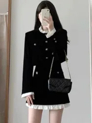 Elegant Black Velvet Two-piece Skirt Sets Long Sleeve Cropped Top Bodycon Mini Skirt Ruffles Korean Fashion Autumn Spring Outfit