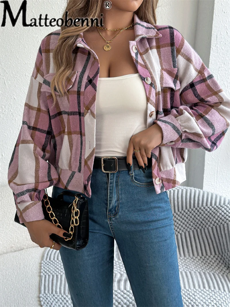 

2025 модная повседневная клетчатая куртка женская, тонкая осенне-зимняя женская куртка с лацканами, уютные винтажные топы цвета хаки с длинными рукавами, женская уличная одежда