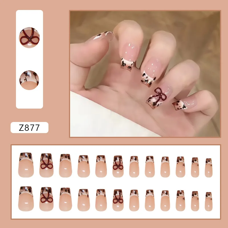 24pcs 3d Red Bow French Spot Removable Medium Press on Nails Set with Charms Acrylic Square Finger Coffin False Nails with Glue