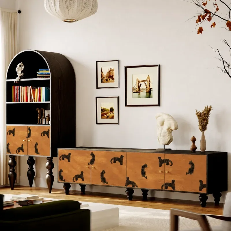 Leopard Print TV Cabinet Solid Wood Living Room Decorative Storage Unit Bedroom Bedside Integrated Display Locker Furniture