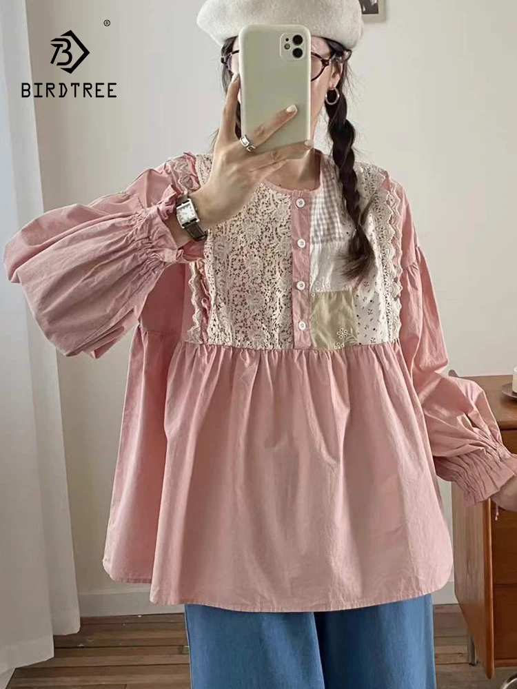 

New 2025 Spring Cotton Long Sleeve Shirt, Women O Neck Lace Patchwork, Mori Girl Print Sweet Chic Loose Doll Blouse T52714CC