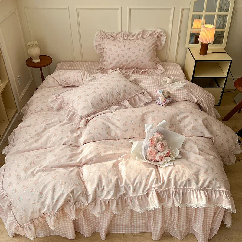 Korean Princess Style Ruffles Flower Print Bedding Set Duvet Cover Set Bed Skirt Bedspread Pillowcases 100% Cotton Home Textile