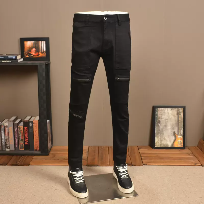 Jeans da uomo di moda di strada Jeans strappati Skinny elasticizzati neri da uomo con tasca con cerniera Designer pantaloni a matita in Denim Hip Hop Hombre