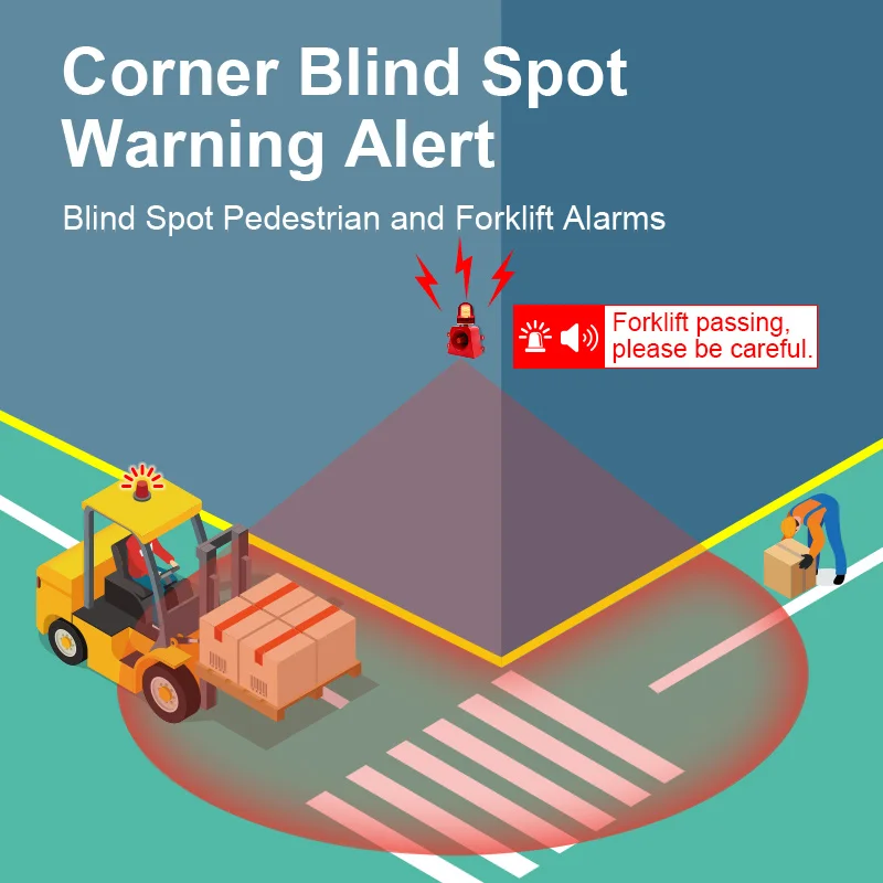 Forklift blind spot alarm system, pedestrian and vehicle approach alarm system in the corner of shelves (with sound and lights)
