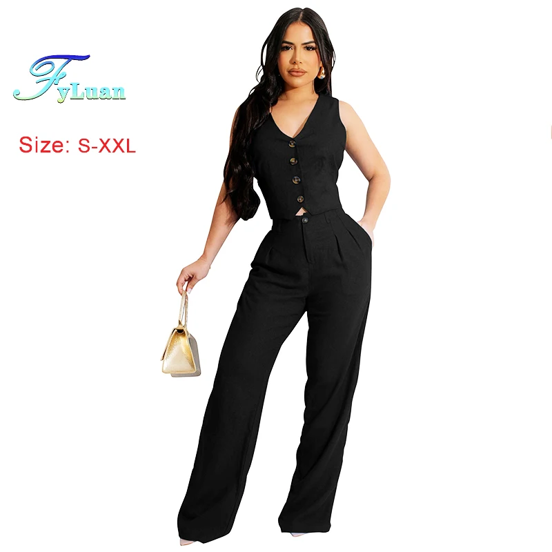 

Модные женские комплекты из двух предметов, однотонный костюм с v-образным вырезом, жилет без рукавов, облегающие однотонные широкие брюки, длинные брюки с высокой талией, элегантные комплекты