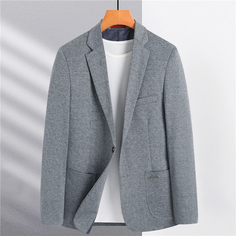 Classic Gray Coat 2021 New Suit Men's Jacket Autumn Middle-aged Men's Fashion Casual Knitted Stretch Thin Single Suit Jacket