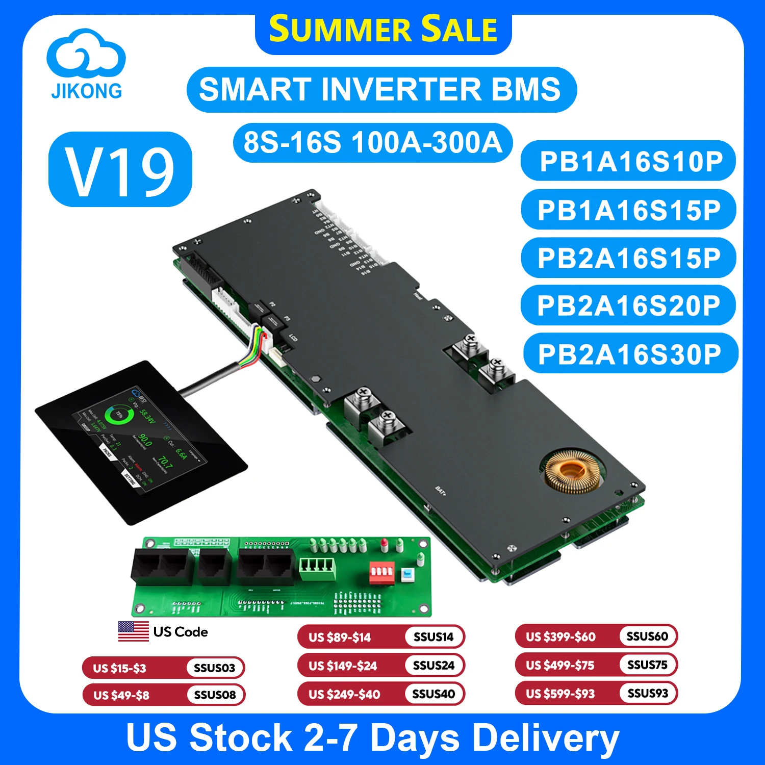 

JIKONG V19 Smart Inverter BMS 8S~16S 24V 48V 200A Current 1A 2A Active Balancer for Lifepo4 Li-ion Lto Battery Household Energy Storage BMS JK-PB2A16S20P JKBMS Display Screen 4.3 7.0 inch