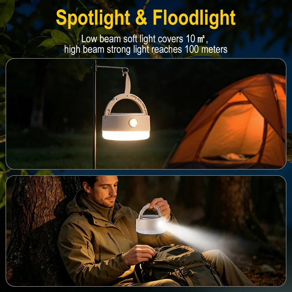 BORUiT 800LM Solar Camping Lantern Dual Charging Type‑C & Solar LED Tent Light Foldable Hook Waterproof Emergency Hanging Lamp