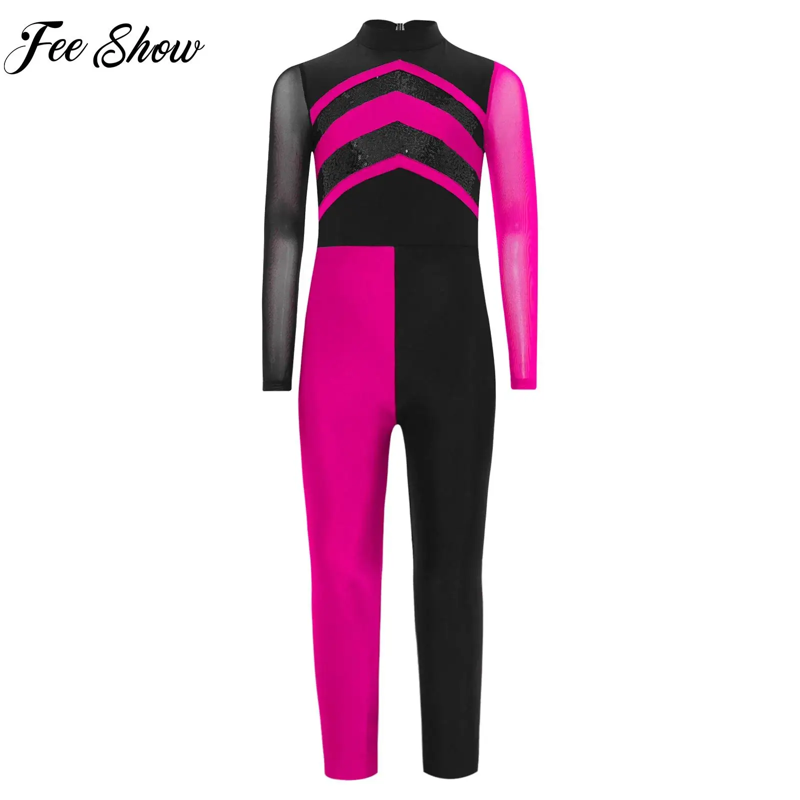 

New Girls Athletic Figure Skating Dance Costume Kids Shiny Sequins Long Sleeves Jumpsuit for Ballet Dance Gymnastics Performance