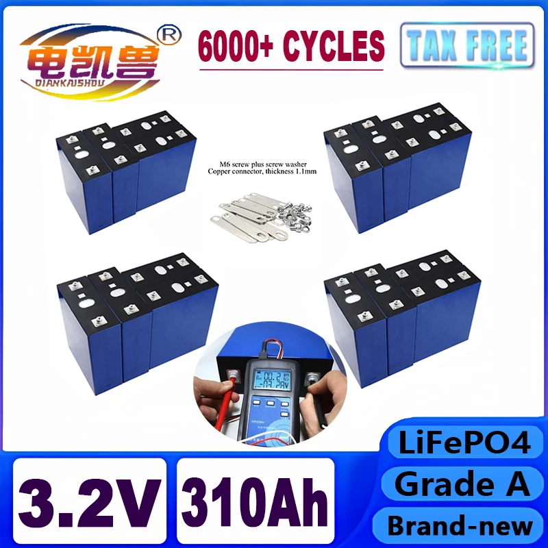 Grade A 3.2V 310Ah LiFePO4 Battery Rechargeable  Cell New Free Busbar For DIY Solar energy storage system Battery Pack FREE TAX