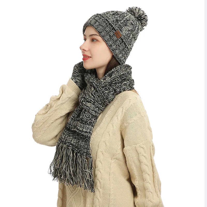 Conjunto de lana para mujer, gorro con forro polar, guantes gruesos, bufanda de hilo de lana, bufanda de punto, pañuelo para el cuello, Invierno