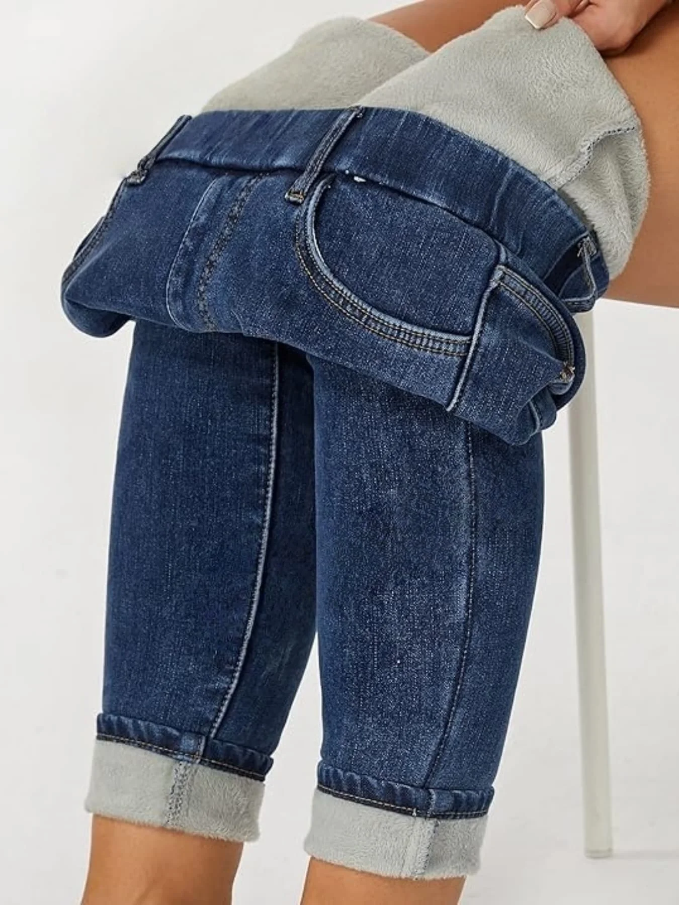 Elastic High Waist Stretchy Washed Slim Fit Thickened Warm Versatile Women's Fleece Lined Jeans