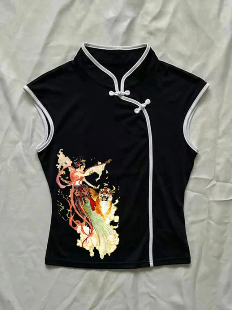 Niche Design Casual Slim Cheongsam Collar Short Sleeved Top New Chinese Style Aesthetics Printed Buckle T-shirts For Spicy Women