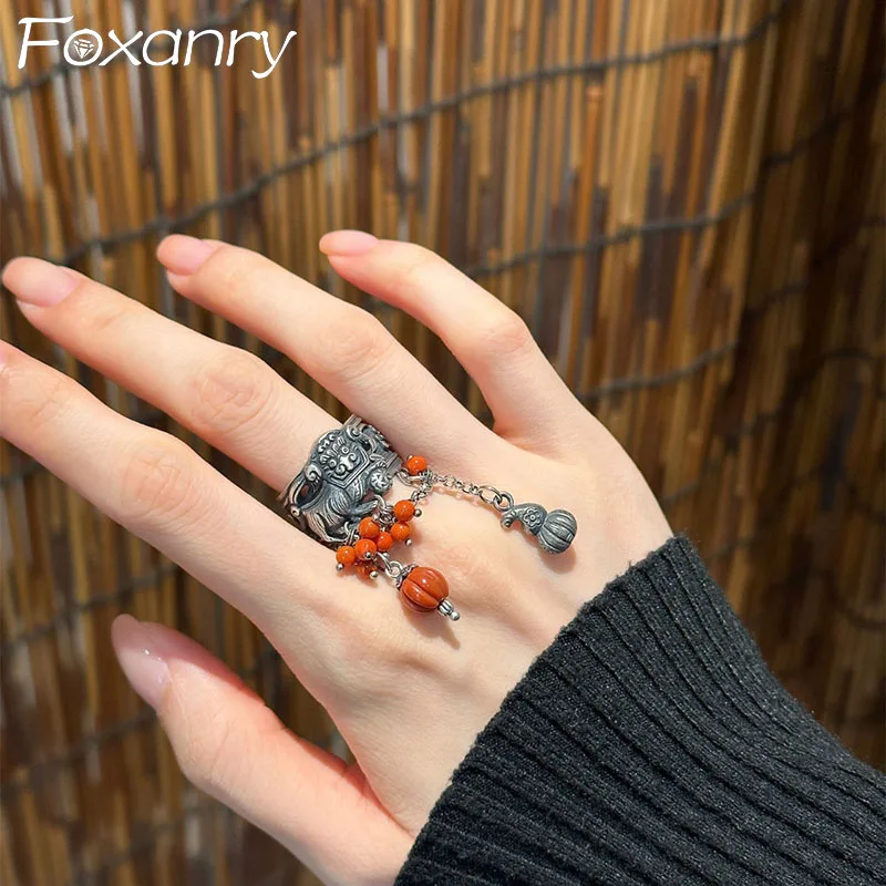 Foxanry Round Beads Pendant Lion Rings For Women New Chinese Style Vintage Creative Unique Trendy Handmade Party Jewelry Gifts