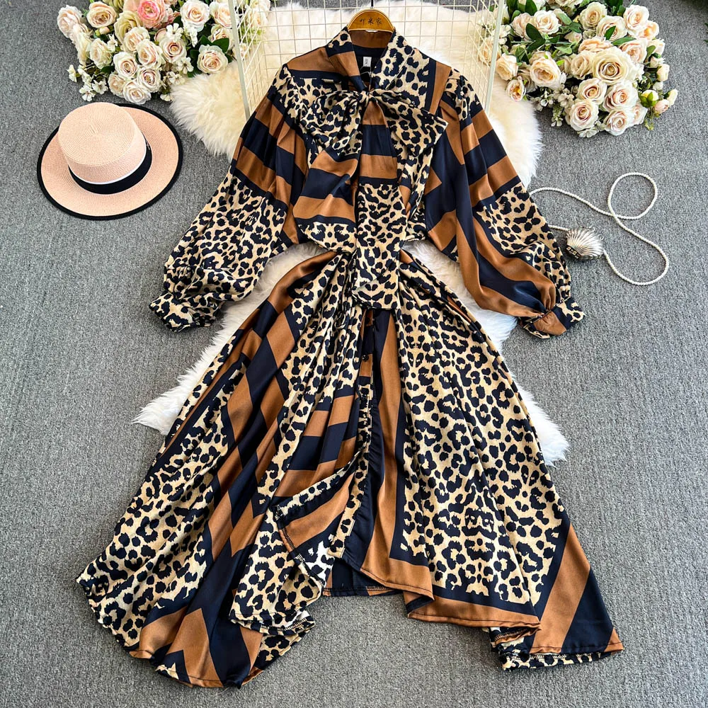 European and American high-quality retro elegant lantern sleeved Irregular A-line print Femae Casual  Party Dress For Women New