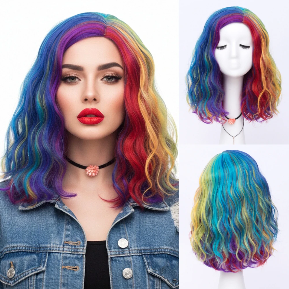 

With Part Line Heat Resistant Short Wavy Bob Blue Ombre Synthetic Wig for Women Cosplay Halloween Party