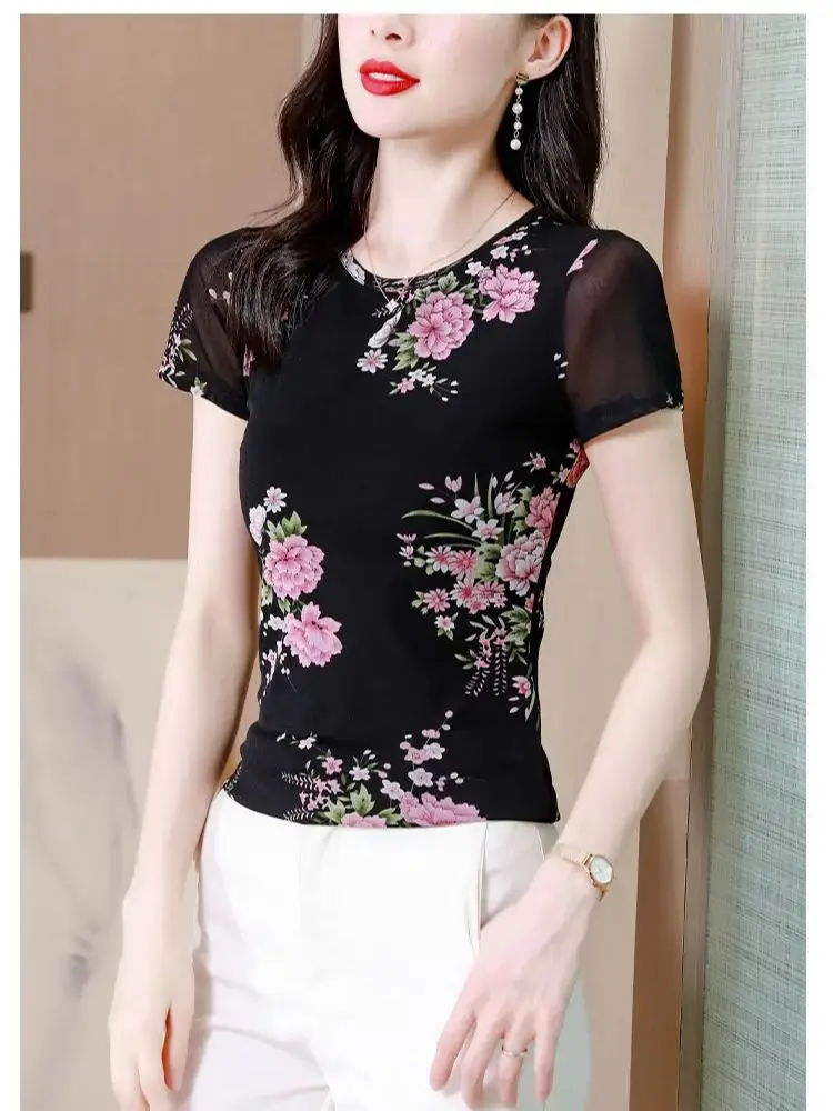 Ladies Spring Summer Clothing Floral Graphic O-Neck Pullovers Short Sleeve Tops Streetwear Women\'s T-Shirts New