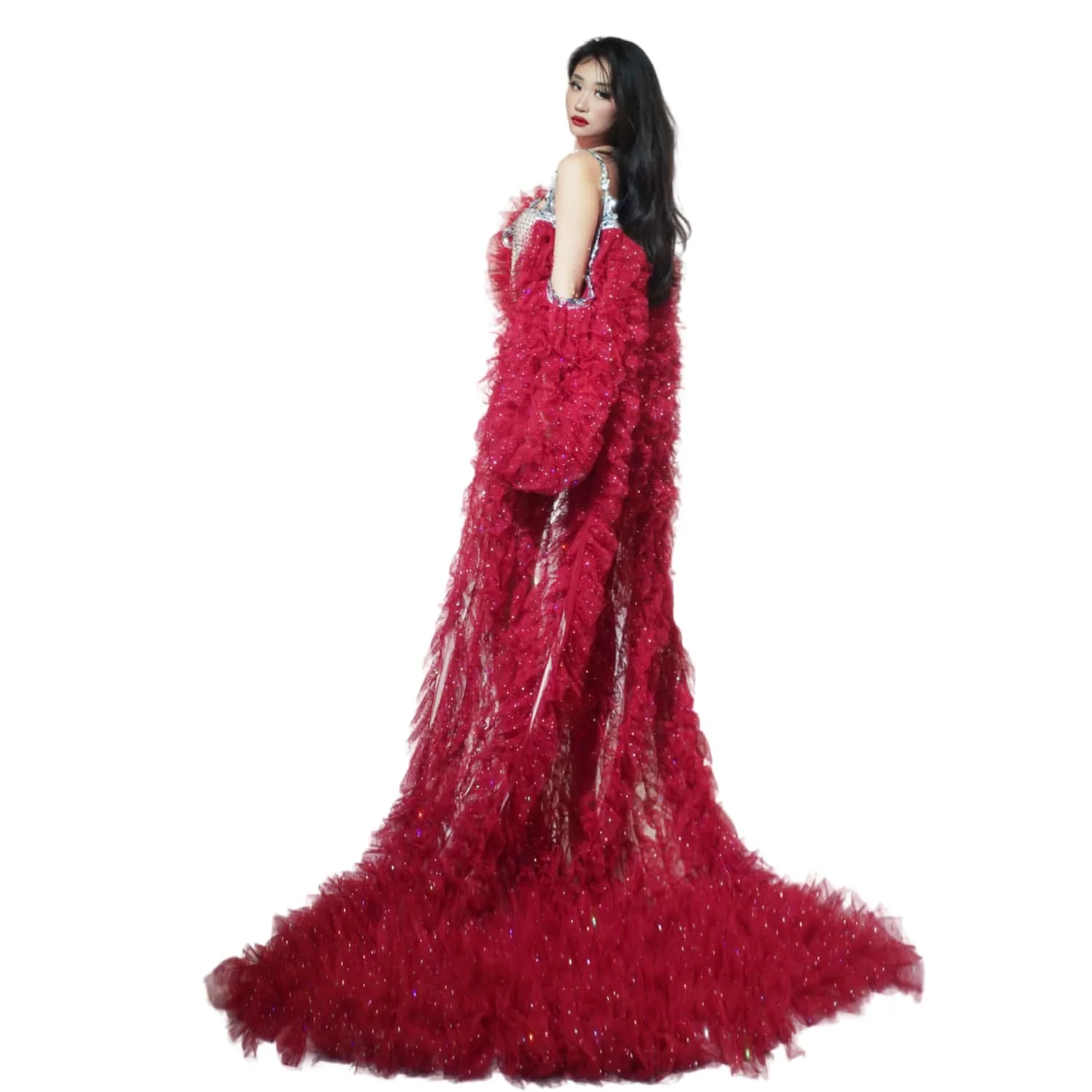 Erstaunliches rotes geschichtetes Organza-Umhang-Kleid, lange Damen-Jacke, bauschiges Kleid mit langen Ärmeln, Damen-Cape-Outfit, weibliche Oberbekleidung, Mäntel, Pifeng