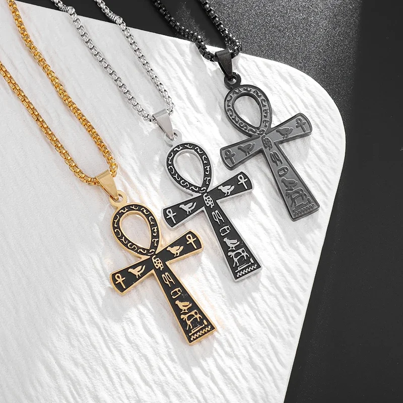 Ancient Egyptian Animal Totem Ankh Cross Pendant Necklace for Men Women Fashion Charm Lucky Riding Jewelry