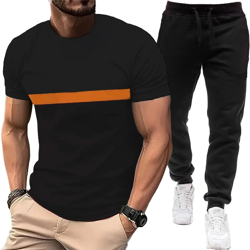 

Новый комплект в европейском и американском стиле: мужская футболка с коротким рукавом в стиле колор-блок и легкие однотонные брюки, повседневный модный спортивный костюм