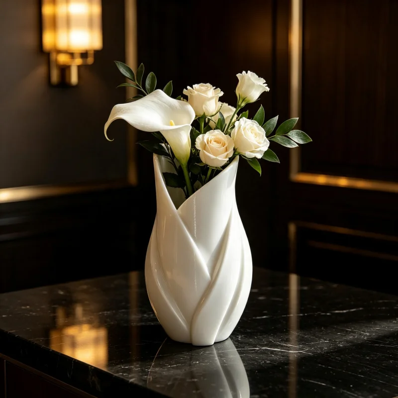 Modern Light Luxury Sculptural Spiral Vase, White Petg Material, 3D Printed Organic Curve Design, Natural Petal Opening with Irregular Twist Pattern, Imitation Ceramic Matte Texture, Waterproof and Shatterproof, Suitable for Fresh Flowers, Dried Flowers, Artificial Flower Arrangements, Living Room, Dining Table, Entryway, Fireplace Table Decoration, High-End Hotel Showroom Tabletop Decor, Housewarming and Wedding Gifts, Minimalist Neutral Style Home Decor Items
