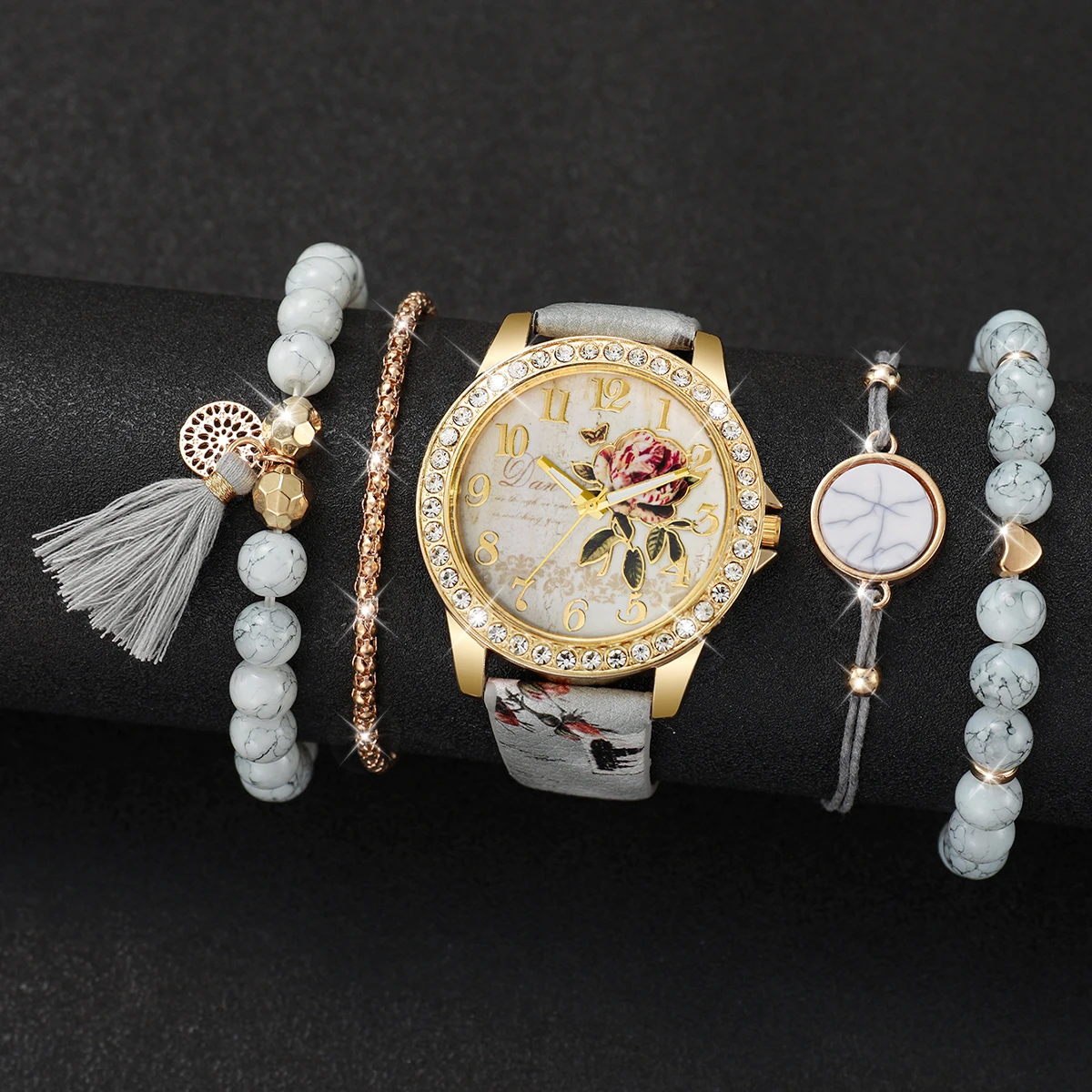 5 個のファッションフラワープリント女性用腕時計ビーズブレス - Jewelry Making Watches のレビューと価格