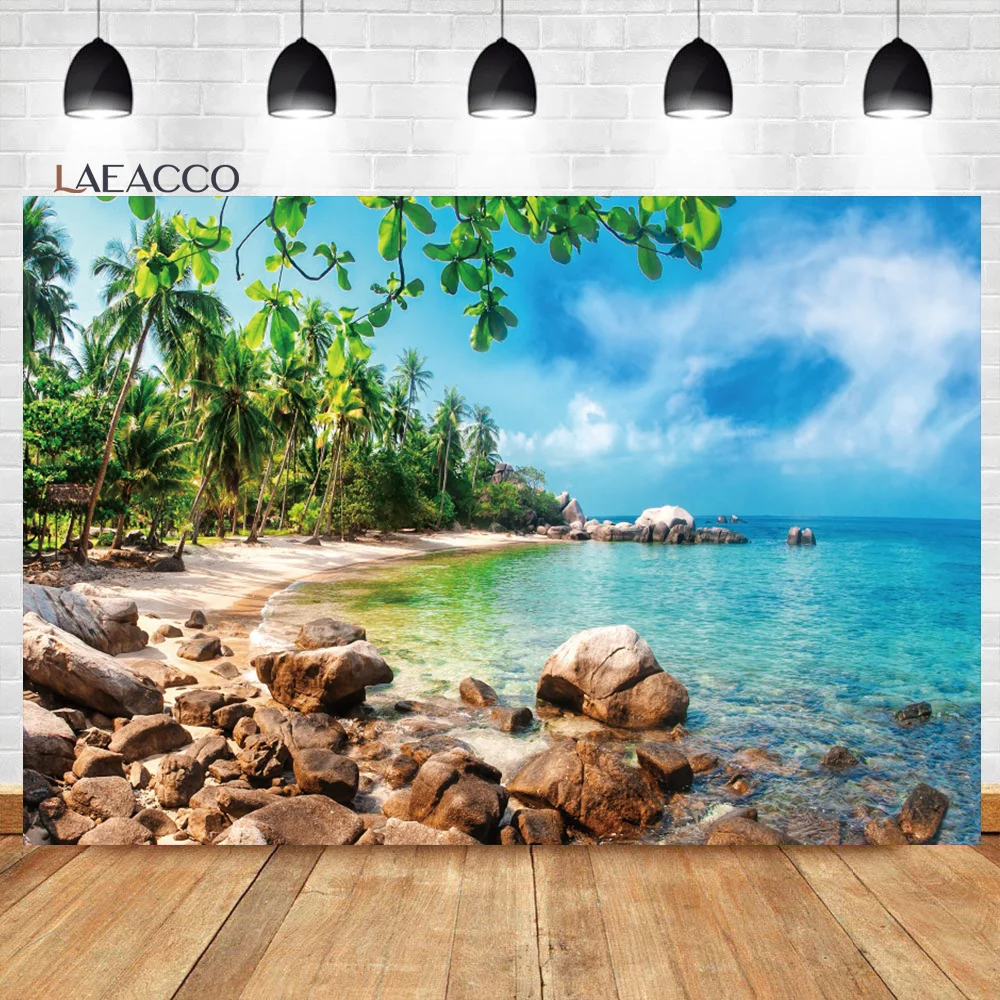 

Laeacco Seaside Beach Photo Backdrop Summer Tropical Palm Trees Island Sea Waves Holiday Party Portrait Photography Background