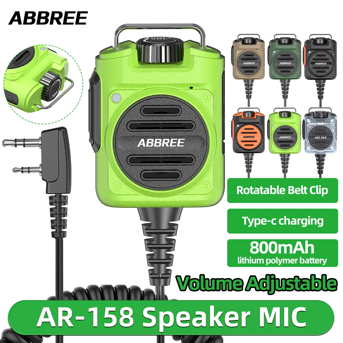 ABBREE AR-158 Langlebiges Walkie-Talkie-Lautsprechermikrofon mit einstellbarer Lautstärke und Typ-C-Ladefunktion für Baofeng UV-5R UV 21 PRO Amateurfunk