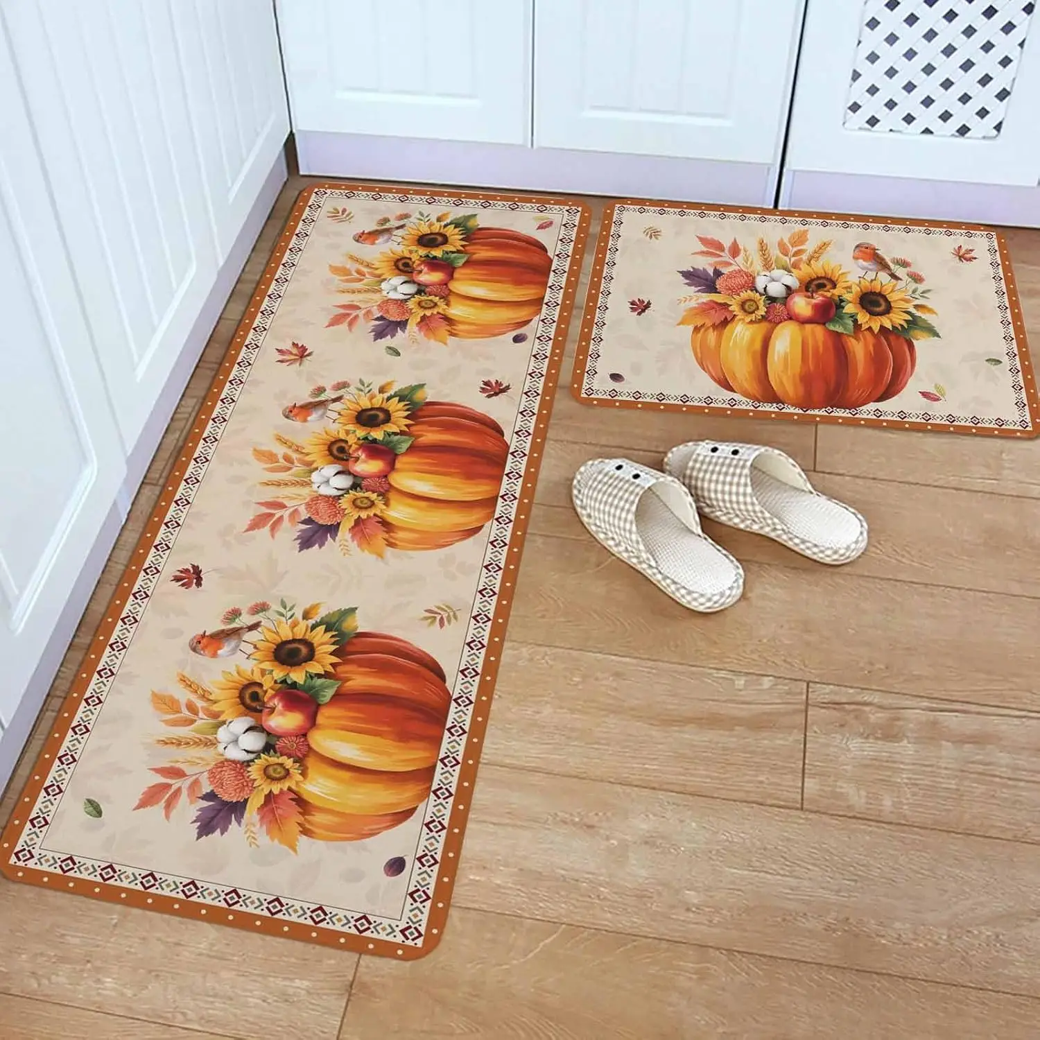 Fall Thanksgiving Pumpkins Kitchen Mat Autumn Maple Leaves Sunflowers Entrance Door Mat Living Room Balcony Hallway Laundry Rugs
