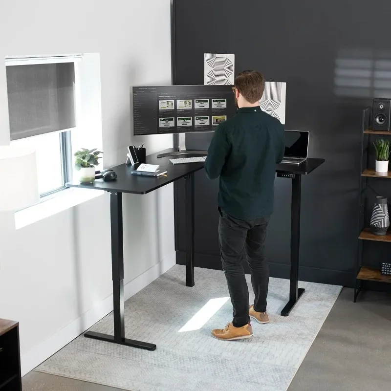 VIVO Corner Standing Desk, 63 x 55 inch Reversible L-Shaped Workstation, Electric Height Adjustment, Home, Office, and Reception