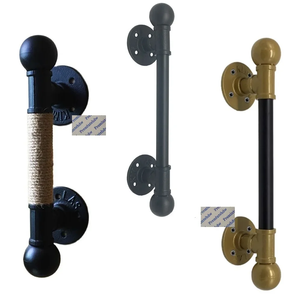 

1Piece Rustic Black Gold Hemp Rope Loft Iron Water Pipe Barn Door Bar Pull With Ball Finial