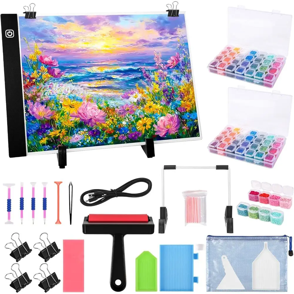 

Набор для хранения принадлежностей для алмазной живописи с LED-подсветкой формата А3, органайзерами для бусин, ручками для нанесения страз, коробками для хранения и инструментами для взрослых