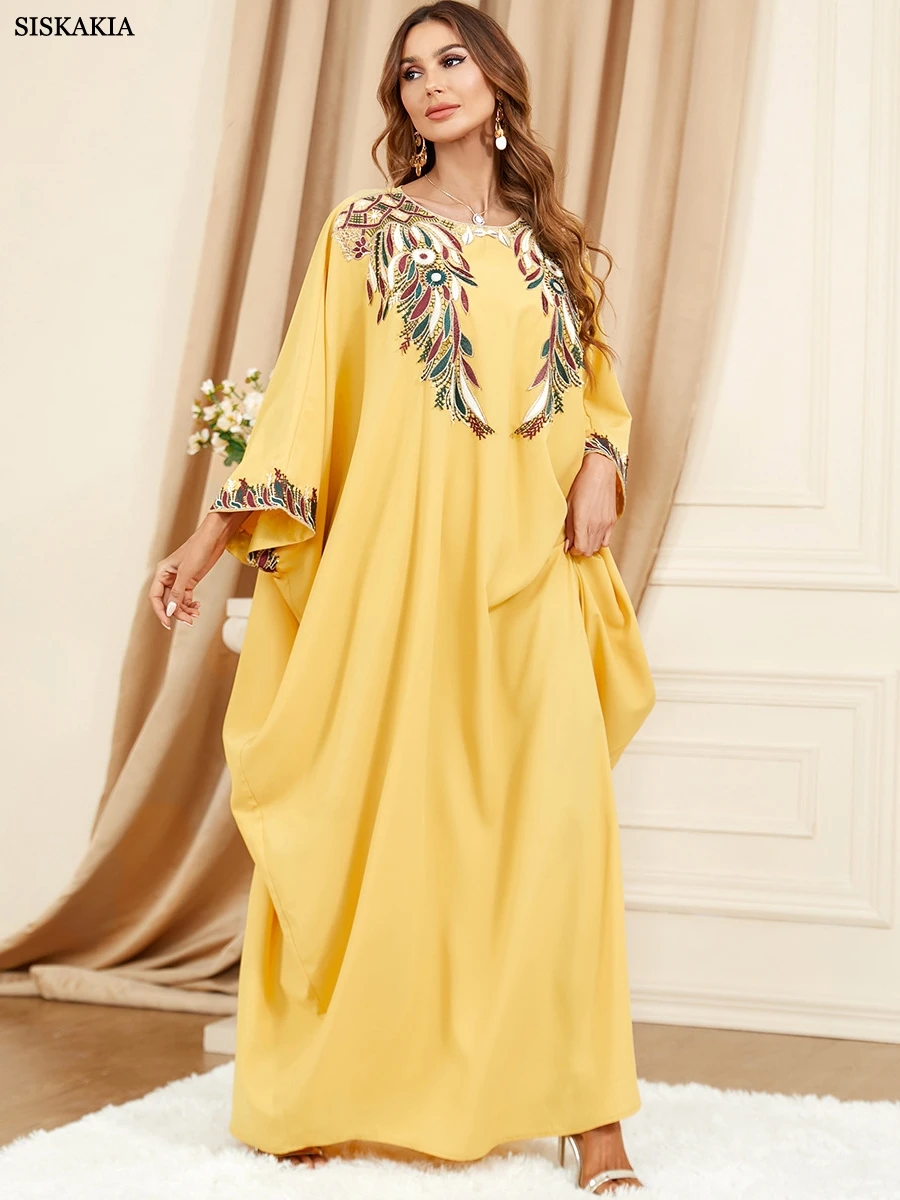 Abaya Pour Les Femmes Broderie Florale À Manches Chauve-Souris Robe Kimono Maroc Caftan Dubaï Robes De Luxe Pour La Fête